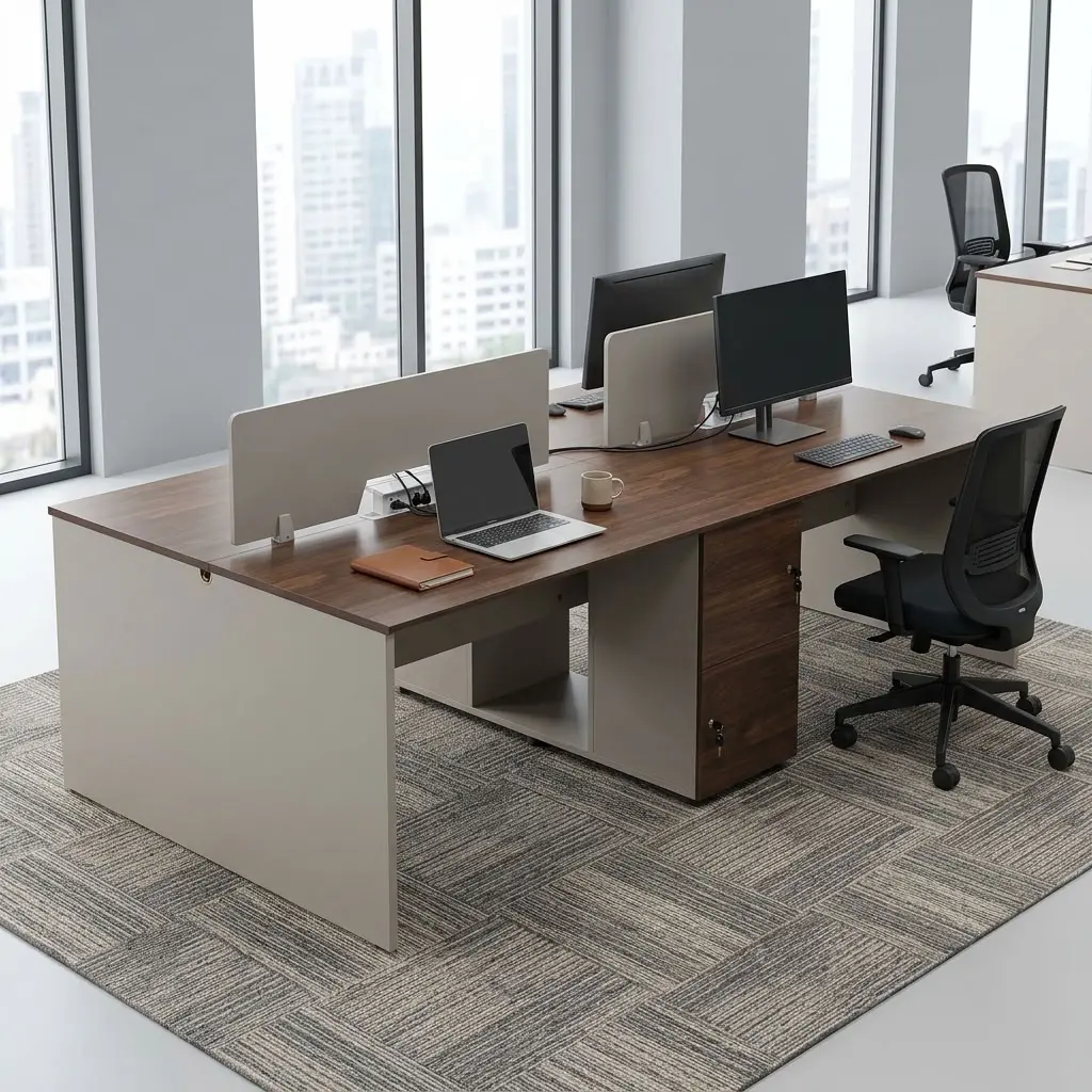 4-Way Staff Workstation with four work positions, wood-look desktops, privacy dividers, cable access and integrated lockable office storage.