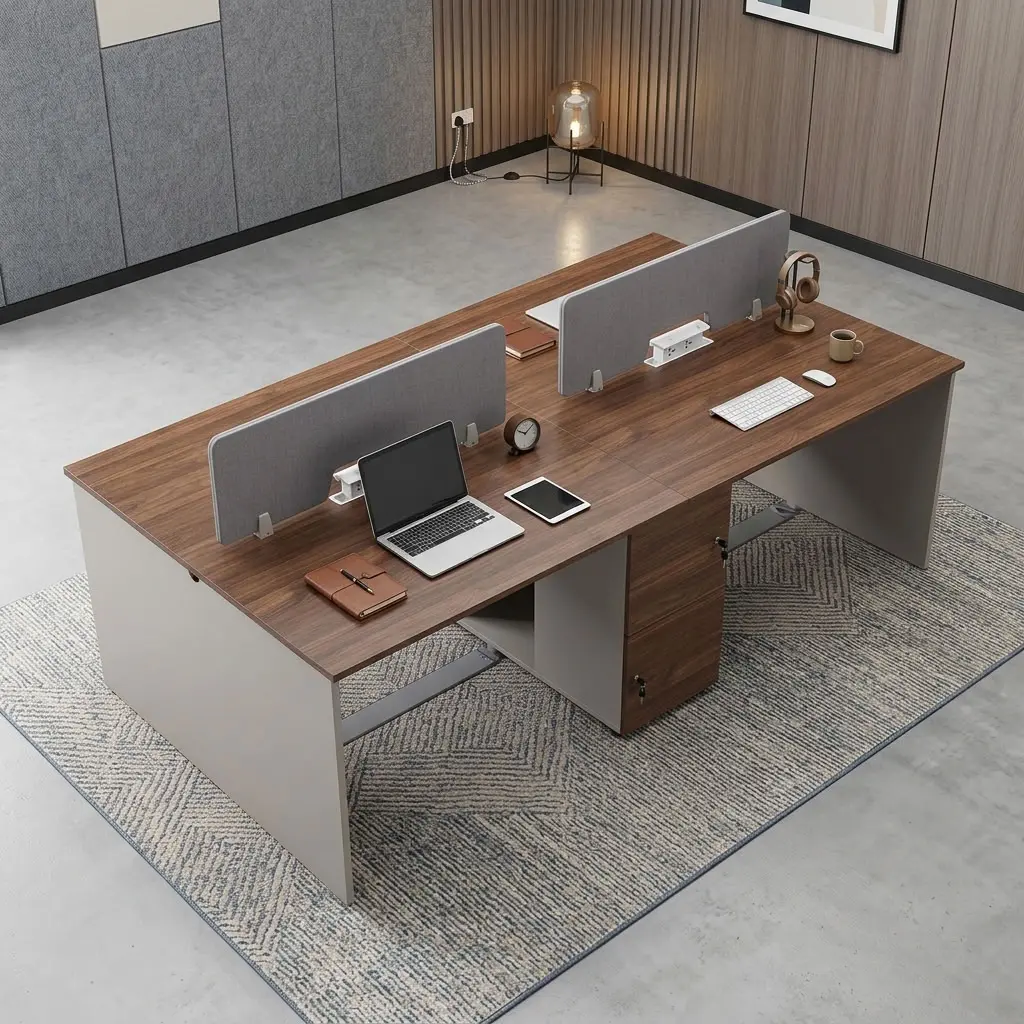 4-Way Staff Workstation with four work positions, wood-look desktops, privacy dividers, cable access and integrated lockable office storage.