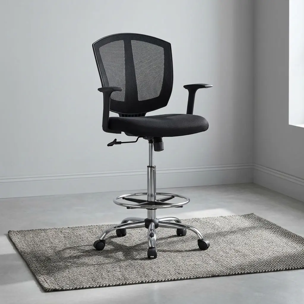 A premium Mid-Back Mesh Counter Seat featuring an ergonomic black mesh backrest, fixed T-shaped armrests, an adjustable chrome foot ring, and a heavy-duty chrome five-star rolling base.
