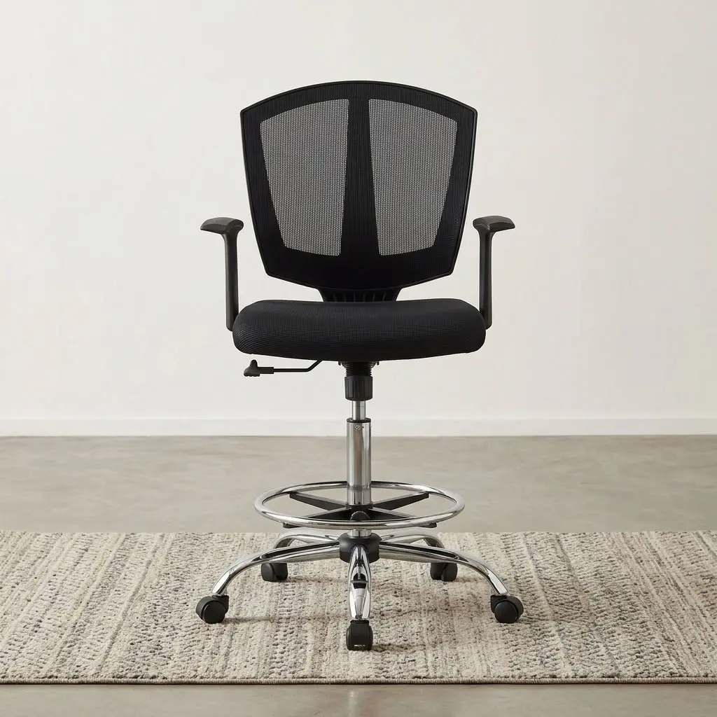A premium Mid-Back Mesh Counter Seat featuring an ergonomic black mesh backrest, fixed T-shaped armrests, an adjustable chrome foot ring, and a heavy-duty chrome five-star rolling base.