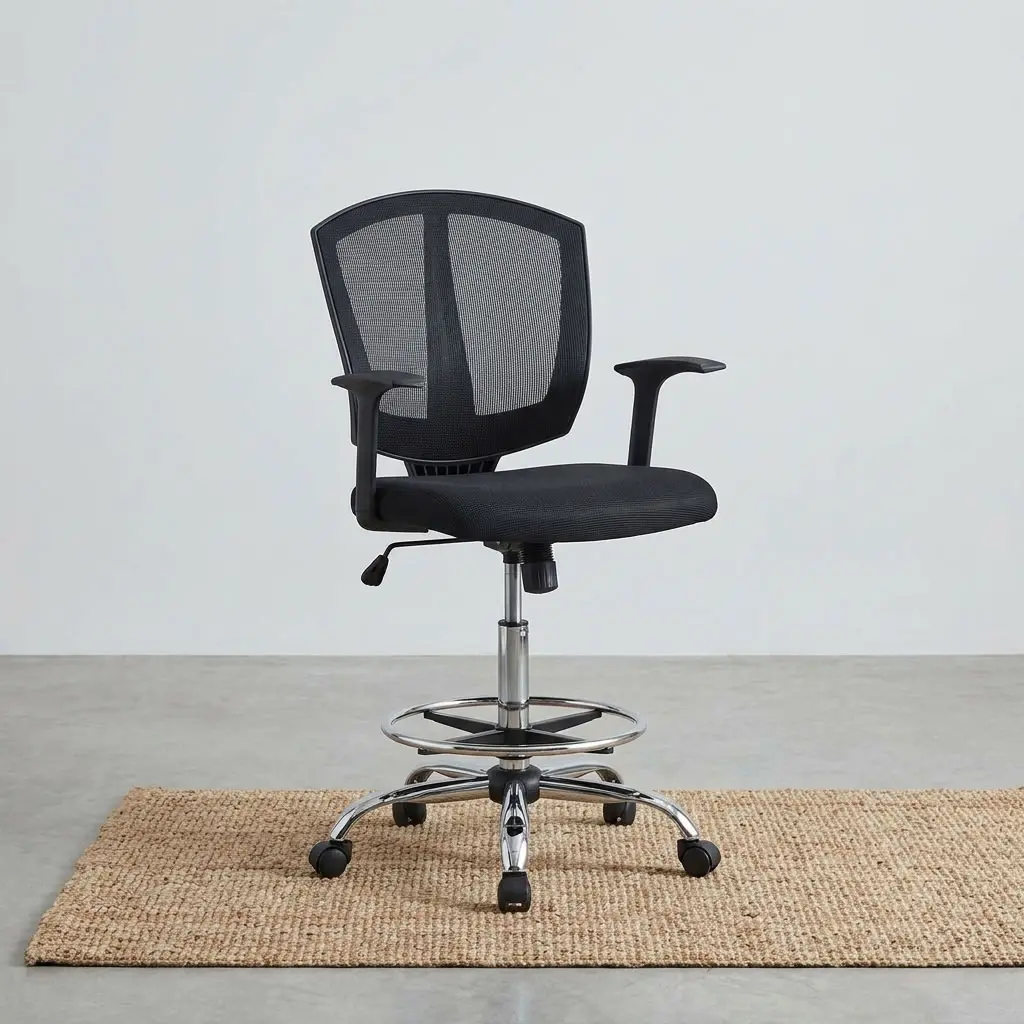 A premium Mid-Back Mesh Counter Seat featuring an ergonomic black mesh backrest, fixed T-shaped armrests, an adjustable chrome foot ring, and a heavy-duty chrome five-star rolling base.