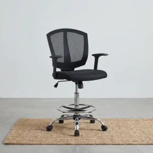 A premium Mid-Back Mesh Counter Seat featuring an ergonomic black mesh backrest, fixed T-shaped armrests, an adjustable chrome foot ring, and a heavy-duty chrome five-star rolling base.