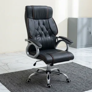 A premium High Back Boardroom Chair showcasing a contoured black leather seat and backrest accented with sophisticated diamond tufted stitching, fixed arched silver armrests with black leather padding, and an adjustable polished chrome five-star swivel base on rolling casters.