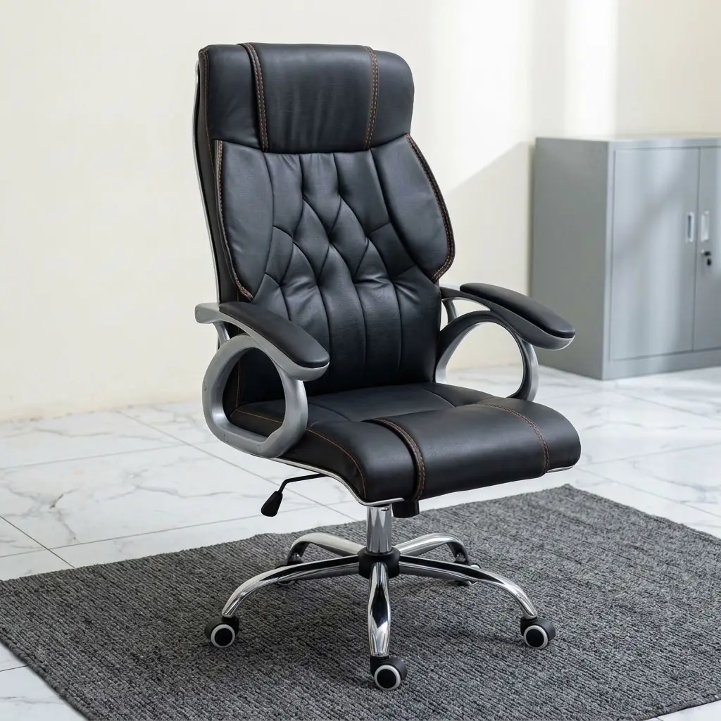 A premium High Back Boardroom Chair showcasing a contoured black leather seat and backrest accented with sophisticated diamond tufted stitching, fixed arched silver armrests with black leather padding, and an adjustable polished chrome five-star swivel base on rolling casters.