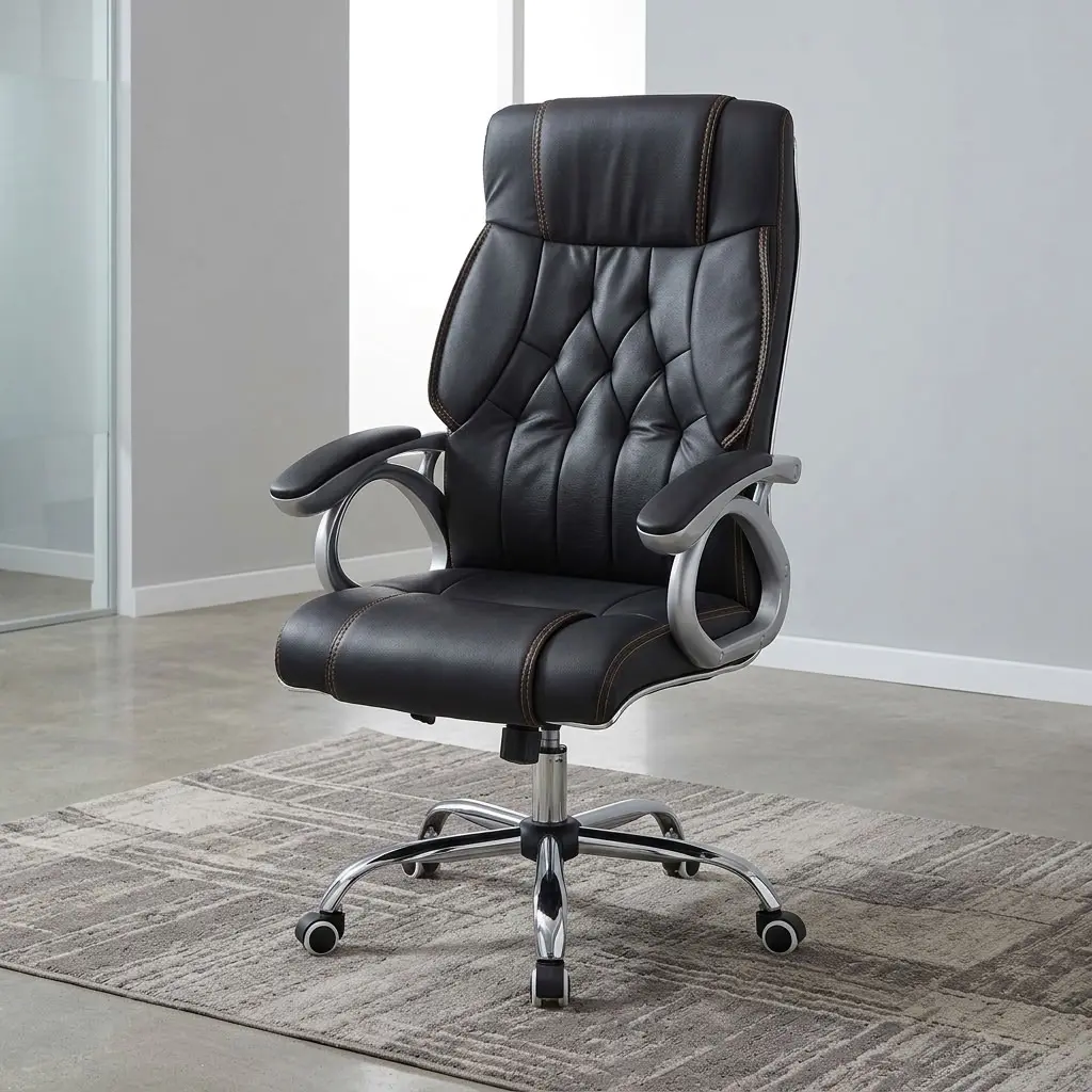 A premium High Back Boardroom Chair showcasing a contoured black leather seat and backrest accented with sophisticated diamond tufted stitching, fixed arched silver armrests with black leather padding, and an adjustable polished chrome five-star swivel base on rolling casters.