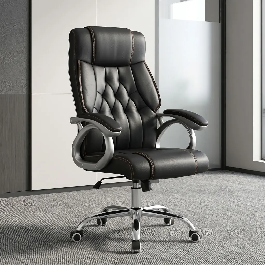 A premium High Back Boardroom Chair showcasing a contoured black leather seat and backrest accented with sophisticated diamond tufted stitching, fixed arched silver armrests with black leather padding, and an adjustable polished chrome five-star swivel base on rolling casters.