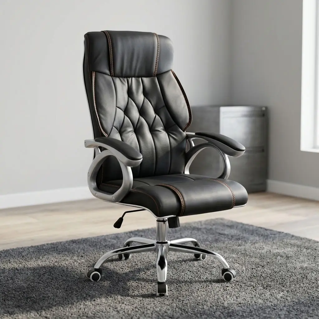 A premium High Back Boardroom Chair showcasing a contoured black leather seat and backrest accented with sophisticated diamond tufted stitching, fixed arched silver armrests with black leather padding, and an adjustable polished chrome five-star swivel base on rolling casters.
