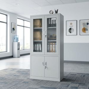 Light grey two-tier Metal Storage Cabinet with Glass Doors.