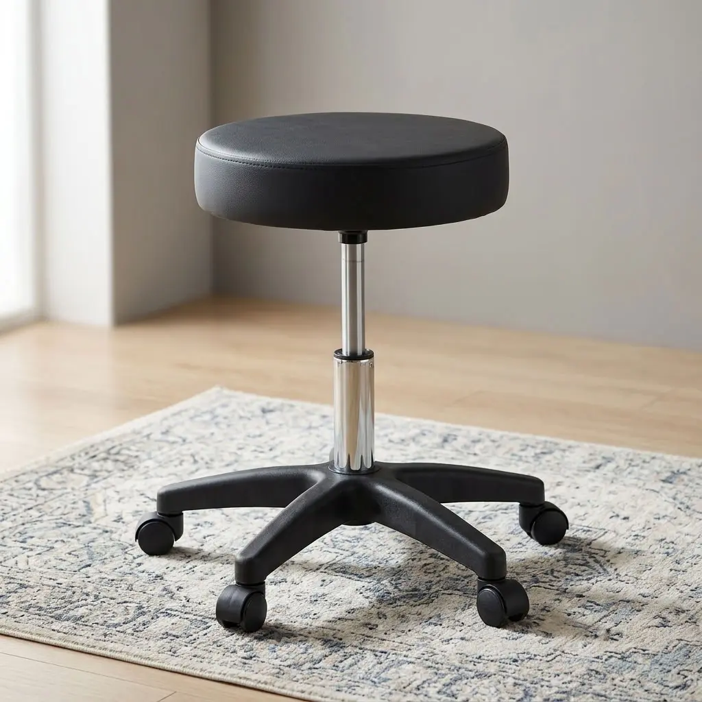 A premium black Swivel Adjustable Stool featuring a thick round cushioned seat pan, a polished chrome gas lift column, and a heavy-duty black five-star wheeled base