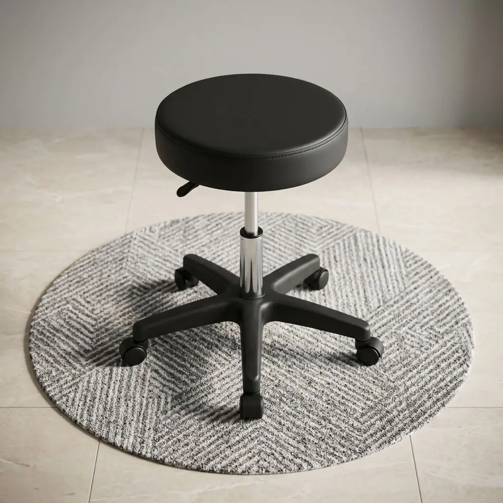 A premium black Swivel Adjustable Stool featuring a thick round cushioned seat pan, a polished chrome gas lift column, and a heavy-duty black five-star wheeled base