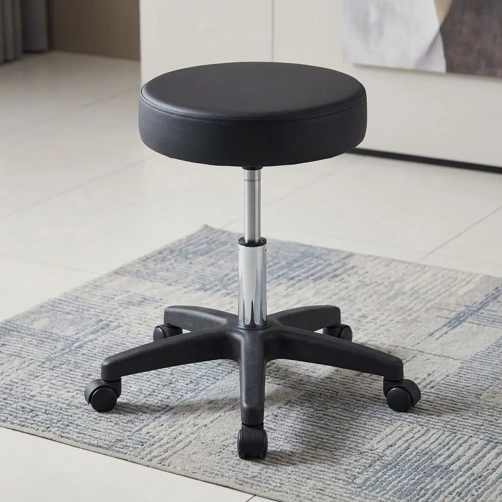 A premium black Swivel Adjustable Stool featuring a thick round cushioned seat pan, a polished chrome gas lift column, and a heavy-duty black five-star wheeled base