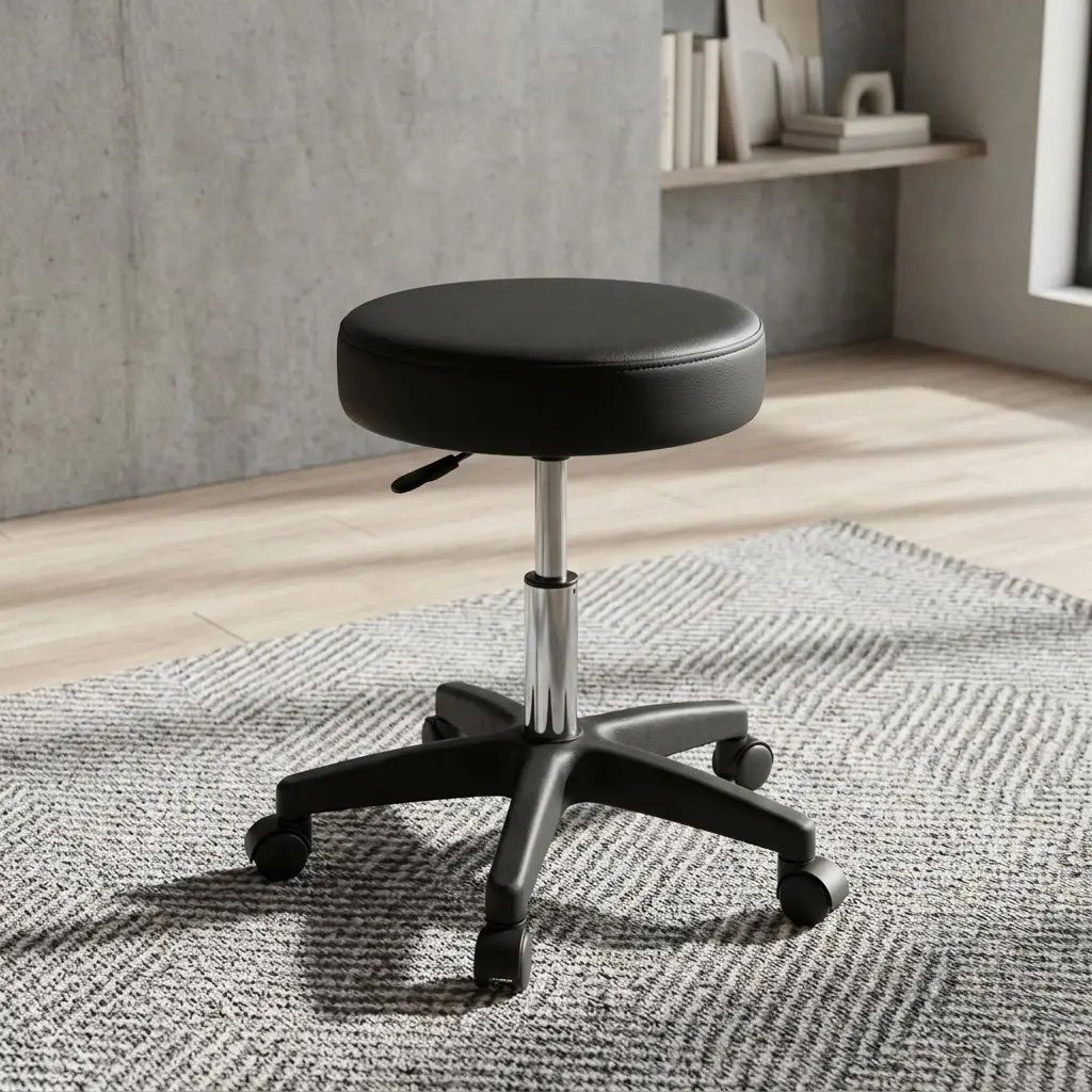 A premium black Swivel Adjustable Stool featuring a thick round cushioned seat pan, a polished chrome gas lift column, and a heavy-duty black five-star wheeled base