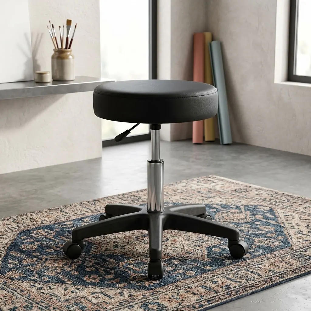 A premium black Swivel Adjustable Stool featuring a thick round cushioned seat pan, a polished chrome gas lift column, and a heavy-duty black five-star wheeled base