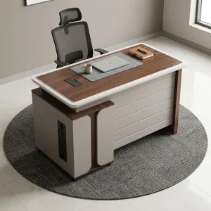 A premium woodgrain 1.2M Executive Staff Desk featuring a thick top with a raised border, a horizontally slatted front modesty panel, and an attached side return three-drawer storage unit.