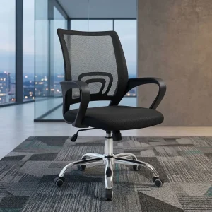 A modern ergonomic office chair featuring a high-back black mesh backrest with integrated lumbar support, black curved polymer armrests, a thickly cushioned black fabric seat, and a polished five-star chrome swivel base on rolling casters.