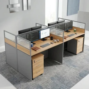 A modular four-person office workstation configuration featuring natural oak wood tops, light gray steel outer panels, and privacy partitions topped with frosted glass accents, including two mobile three-drawer filing cabinets under the desks.