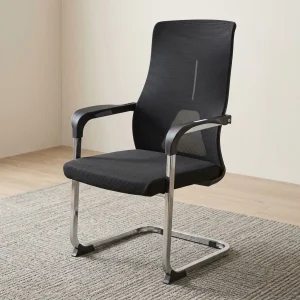 A modern corporate visitor chair featuring a translucent black mesh backrest with a vertical design accent, fixed black polymer armrests, a cushioned black fabric seat, and a sleek, continuous U-shaped polished chrome cantilever sled base.