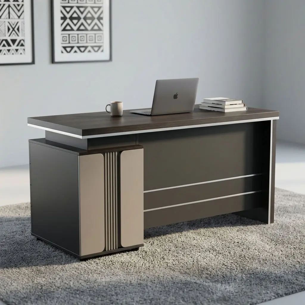 A modern executive desk with a dark mahogany wood-grain finish featuring a thick floating-style rectangular top accented by an underlying silver trim line and an integrated under-desk pedestal on the right side containing three drawers with sleek silver horizontal handles and a key lock.