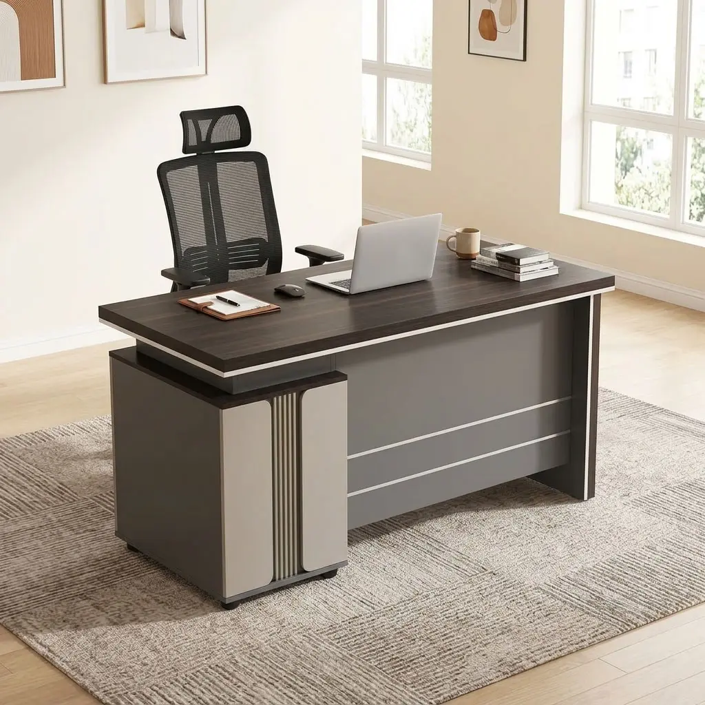A modern executive desk with a dark mahogany wood-grain finish featuring a thick floating-style rectangular top accented by an underlying silver trim line and an integrated under-desk pedestal on the right side containing three drawers with sleek silver horizontal handles and a key lock.