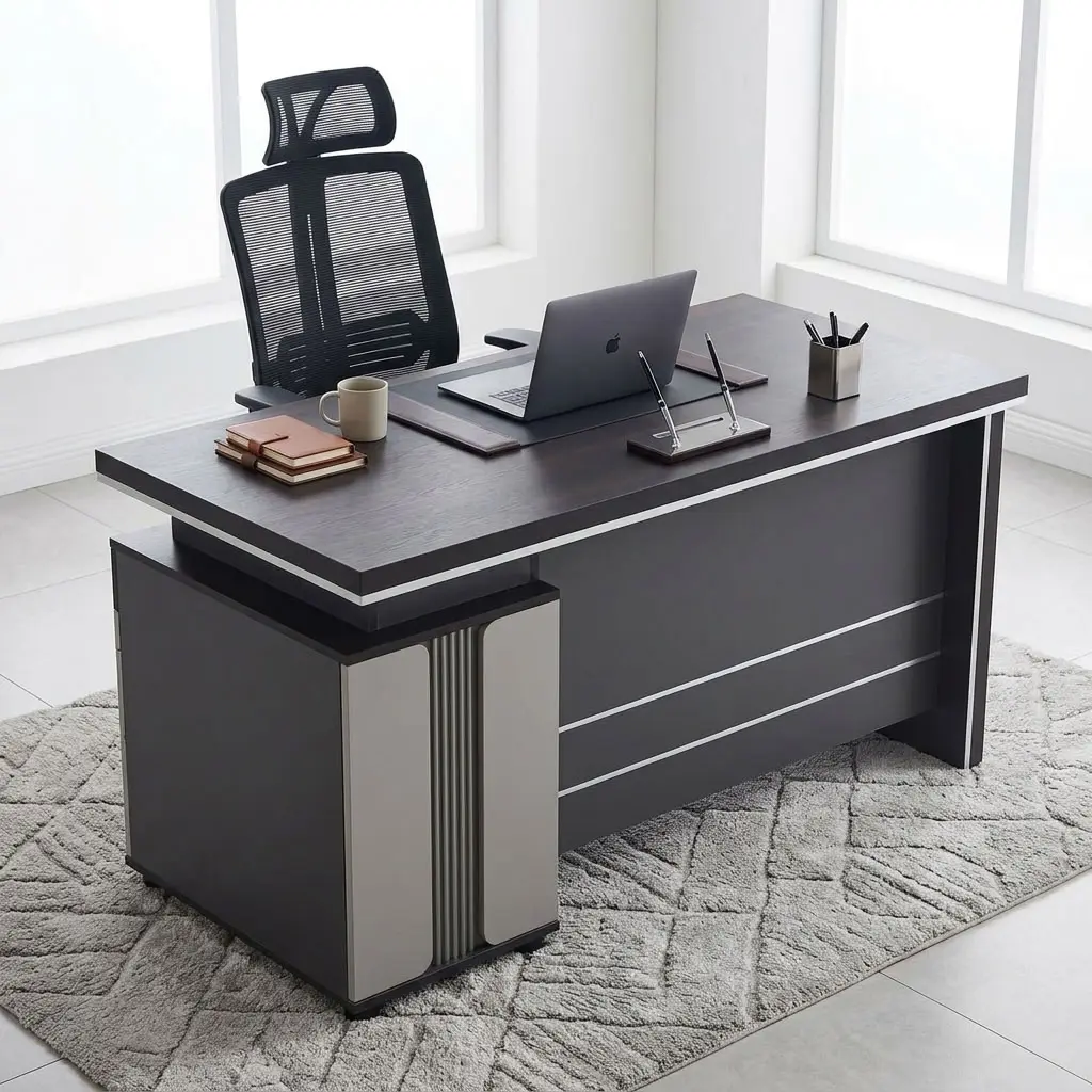 A modern executive desk with a dark mahogany wood-grain finish featuring a thick floating-style rectangular top accented by an underlying silver trim line and an integrated under-desk pedestal on the right side containing three drawers with sleek silver horizontal handles and a key lock.
