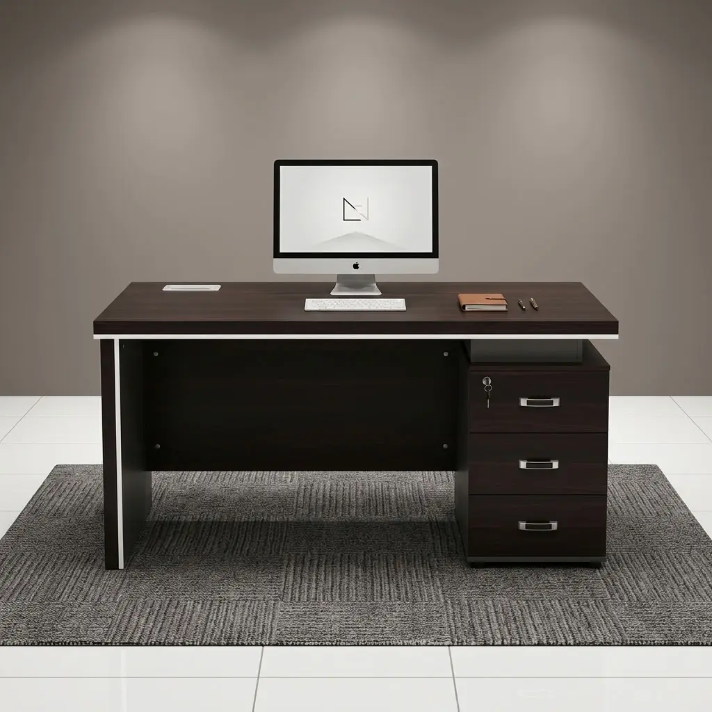 A modern executive desk with a dark mahogany wood-grain finish featuring a thick floating-style rectangular top accented by an underlying silver trim line and an integrated under-desk pedestal on the right side containing three drawers with sleek silver horizontal handles and a key lock.