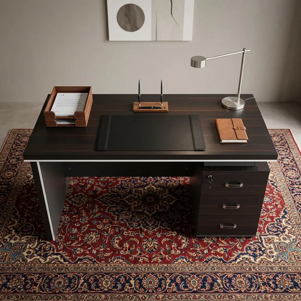 A modern executive desk with a dark mahogany wood-grain finish featuring a thick floating-style rectangular top accented by an underlying silver trim line and an integrated under-desk pedestal on the right side containing three drawers with sleek silver horizontal handles and a key lock.