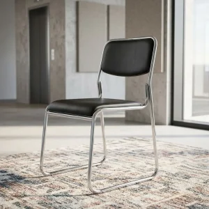A modern armless stackable office guest chair featuring a cushioned square black leatherette seat and backrest supported by a continuous tubular polished chrome cantilever sled frame, shown individually and in a neatly aligned vertical stack of four.