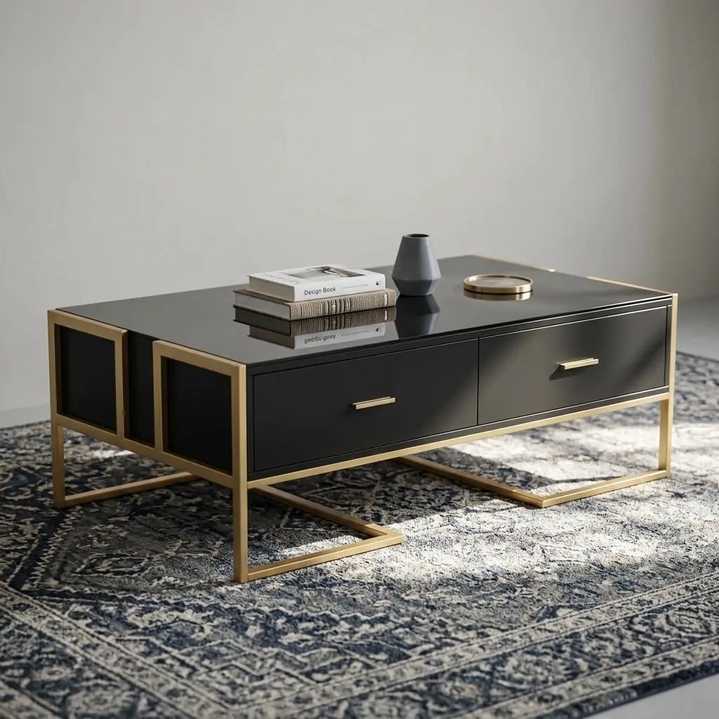 A contemporary rectangular coffee table featuring a high-gloss black tempered glass top, two seamless front drawers with slim gold bar handles, and a geometric open-frame base constructed from brushed gold square metal tubing.