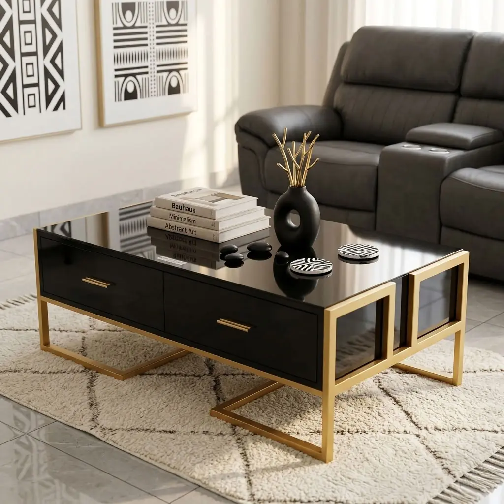 A contemporary rectangular coffee table featuring a high-gloss black tempered glass top, two seamless front drawers with slim gold bar handles, and a geometric open-frame base constructed from brushed gold square metal tubing.