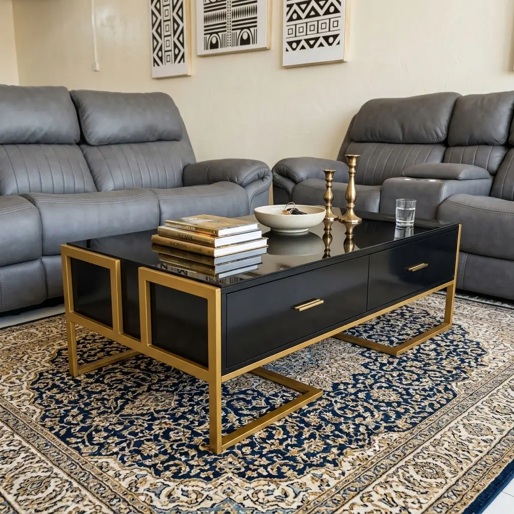 A contemporary rectangular coffee table featuring a high-gloss black tempered glass top, two seamless front drawers with slim gold bar handles, and a geometric open-frame base constructed from brushed gold square metal tubing.