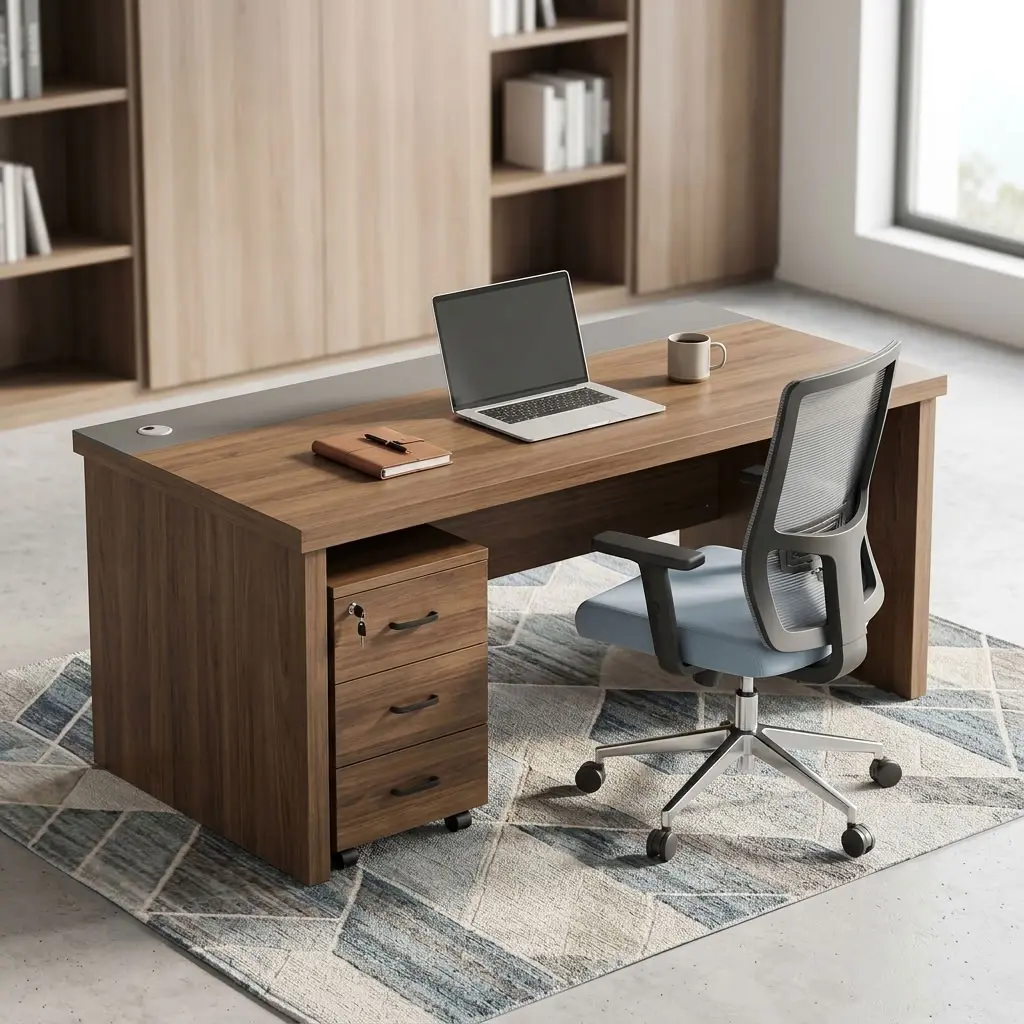 Premium 1.6M Straight Executive Desk in a dark chocolate wood finish with grey and gold front accents and a lockable file cabinet.