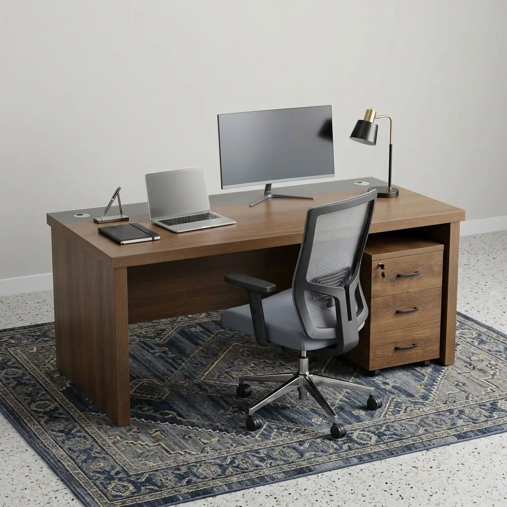 Premium 1.6M Straight Executive Desk in a dark chocolate wood finish with grey and gold front accents and a lockable file cabinet.