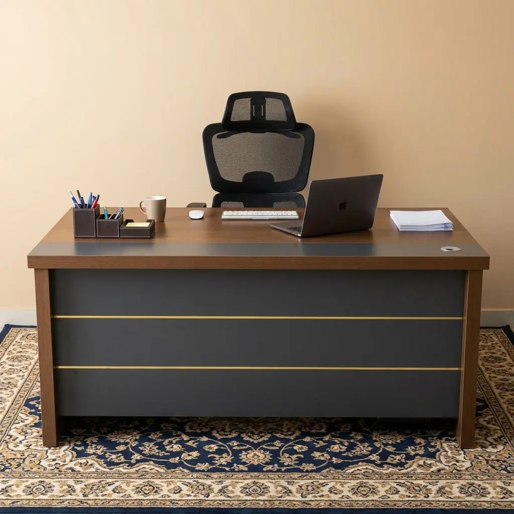 Premium 1.6M Straight Executive Desk in a dark chocolate wood finish with grey and gold front accents and a lockable file cabinet.