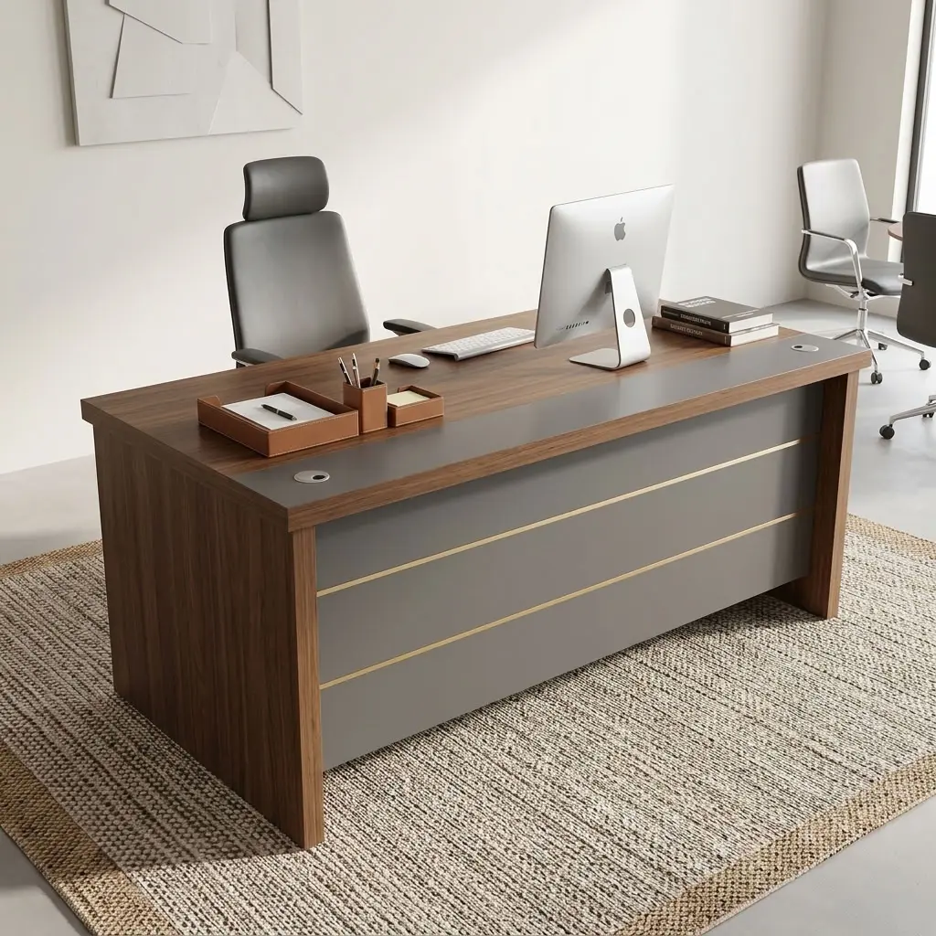Premium 1.6M Straight Executive Desk in a dark chocolate wood finish with grey and gold front accents and a lockable file cabinet.
