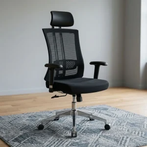 A premium high-back ergonomic office chair featuring a breathable black mesh backrest supported by a curved chrome spine frame, a black padded height-adjustable headrest, multi-directional T-shaped armrests, a contoured black fabric seat cushion, and a five-star polished chrome swivel base with rolling casters.