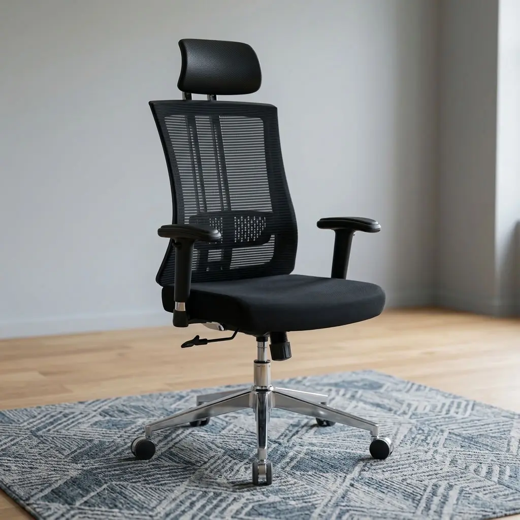 A premium high-back ergonomic office chair featuring a breathable black mesh backrest supported by a curved chrome spine frame, a black padded height-adjustable headrest, multi-directional T-shaped armrests, a contoured black fabric seat cushion, and a five-star polished chrome swivel base with rolling casters.