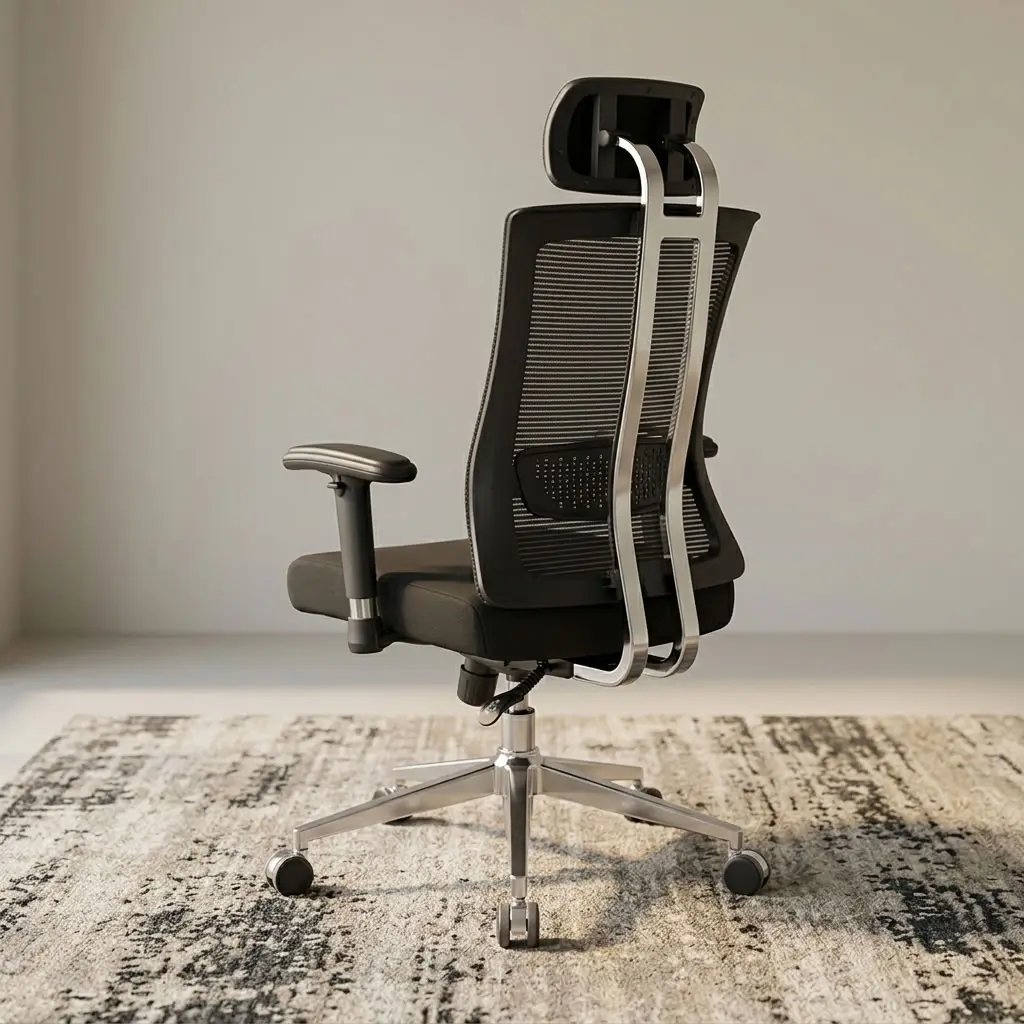 A premium high-back ergonomic office chair featuring a breathable black mesh backrest supported by a curved chrome spine frame, a black padded height-adjustable headrest, multi-directional T-shaped armrests, a contoured black fabric seat cushion, and a five-star polished chrome swivel base with rolling casters.