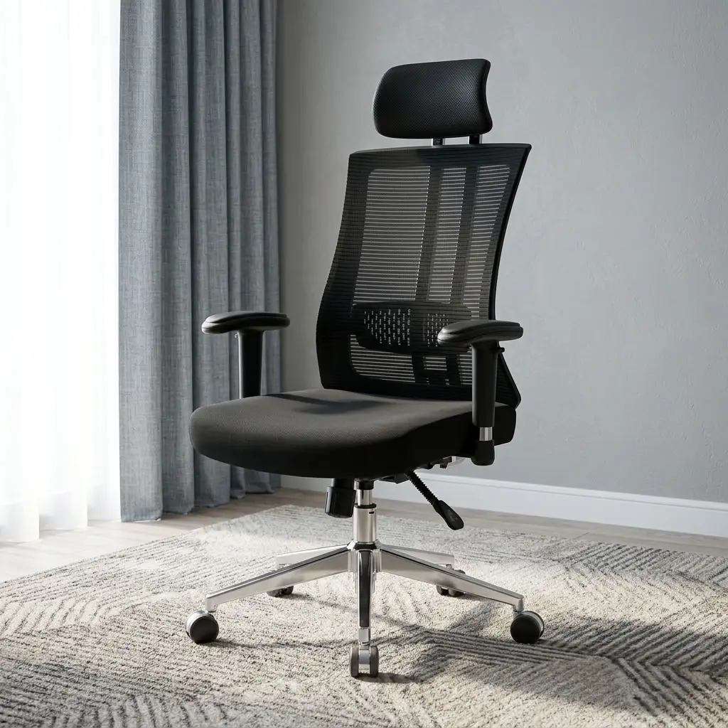 A premium high-back ergonomic office chair featuring a breathable black mesh backrest supported by a curved chrome spine frame, a black padded height-adjustable headrest, multi-directional T-shaped armrests, a contoured black fabric seat cushion, and a five-star polished chrome swivel base with rolling casters.