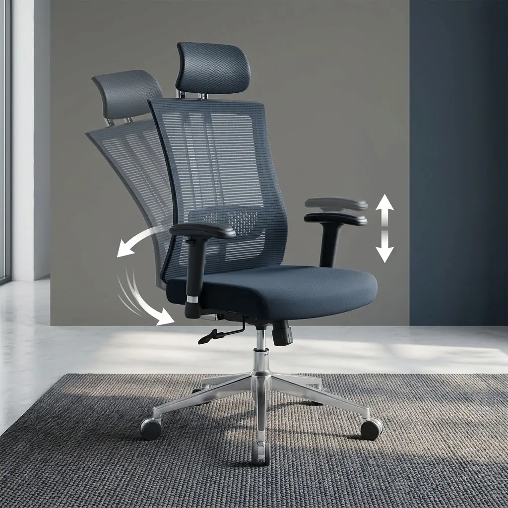 A premium high-back ergonomic office chair featuring a breathable black mesh backrest supported by a curved chrome spine frame, a black padded height-adjustable headrest, multi-directional T-shaped armrests, a contoured black fabric seat cushion, and a five-star polished chrome swivel base with rolling casters.