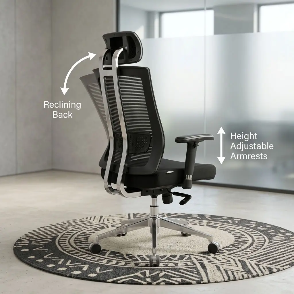 A premium high-back ergonomic office chair featuring a breathable black mesh backrest supported by a curved chrome spine frame, a black padded height-adjustable headrest, multi-directional T-shaped armrests, a contoured black fabric seat cushion, and a five-star polished chrome swivel base with rolling casters.