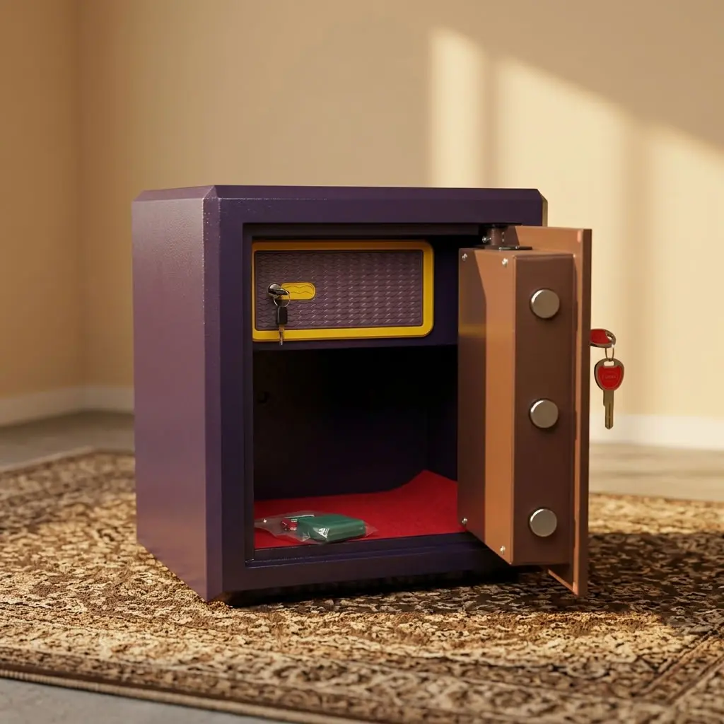 A heavy-duty 45KG Fireproof Safe featuring a textured dark purple steel body and a bronze-toned front door equipped with an illuminated gold-trimmed digital keypad panel, LCD screen, biometric fingerprint scanner, a manual turn knob, and three robust chrome locking bolts visible when the thick insulated door is open.
