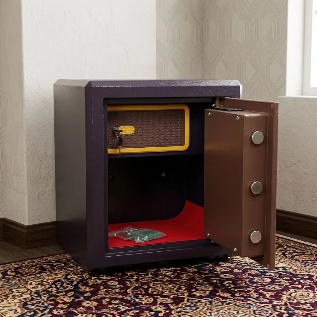 A heavy-duty 45KG Fireproof Safe featuring a textured dark purple steel body and a bronze-toned front door equipped with an illuminated gold-trimmed digital keypad panel, LCD screen, biometric fingerprint scanner, a manual turn knob, and three robust chrome locking bolts visible when the thick insulated door is open.