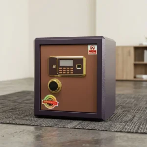 A heavy-duty 45KG Fireproof Safe featuring a textured dark purple steel body and a bronze-toned front door equipped with an illuminated gold-trimmed digital keypad panel, LCD screen, biometric fingerprint scanner, a manual turn knob, and three robust chrome locking bolts visible when the thick insulated door is open.