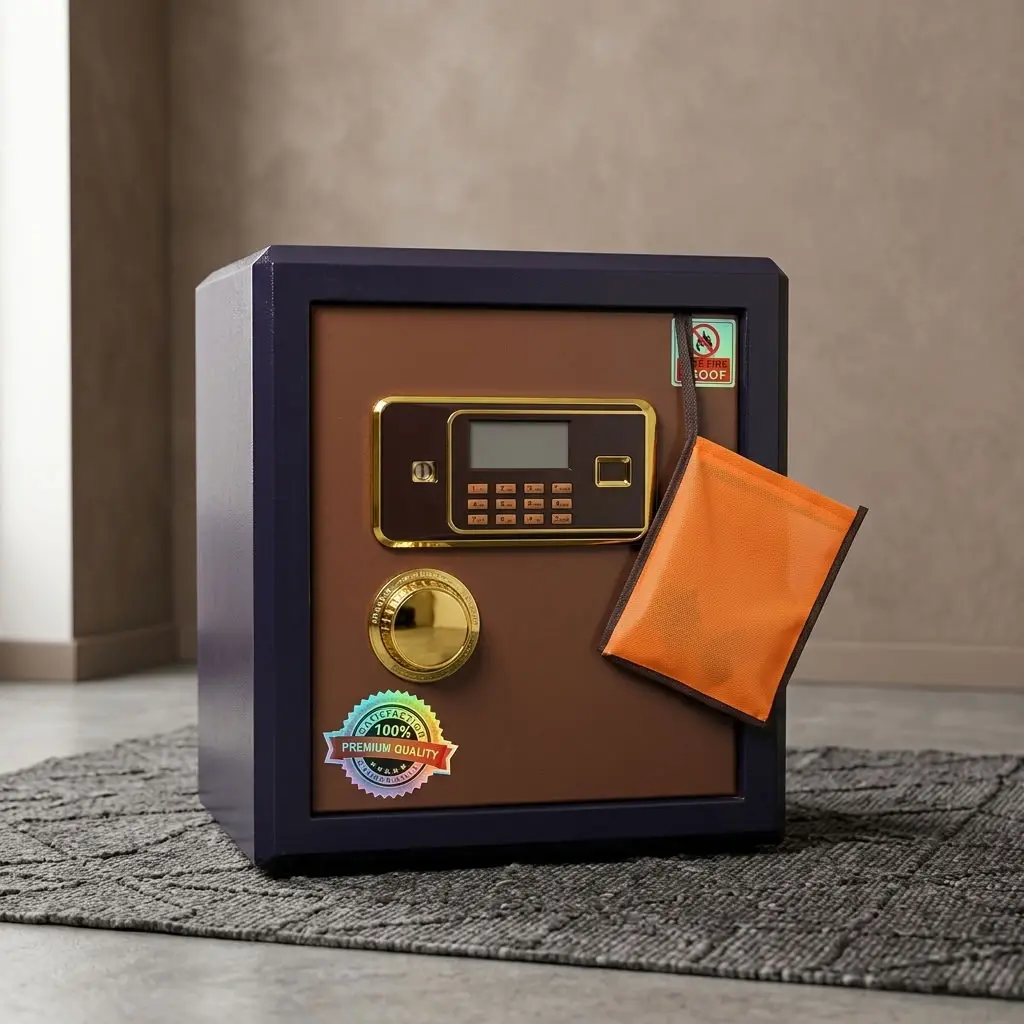 A heavy-duty 45KG Fireproof Safe featuring a textured dark purple steel body and a bronze-toned front door equipped with an illuminated gold-trimmed digital keypad panel, LCD screen, biometric fingerprint scanner, a manual turn knob, and three robust chrome locking bolts visible when the thick insulated door is open.
