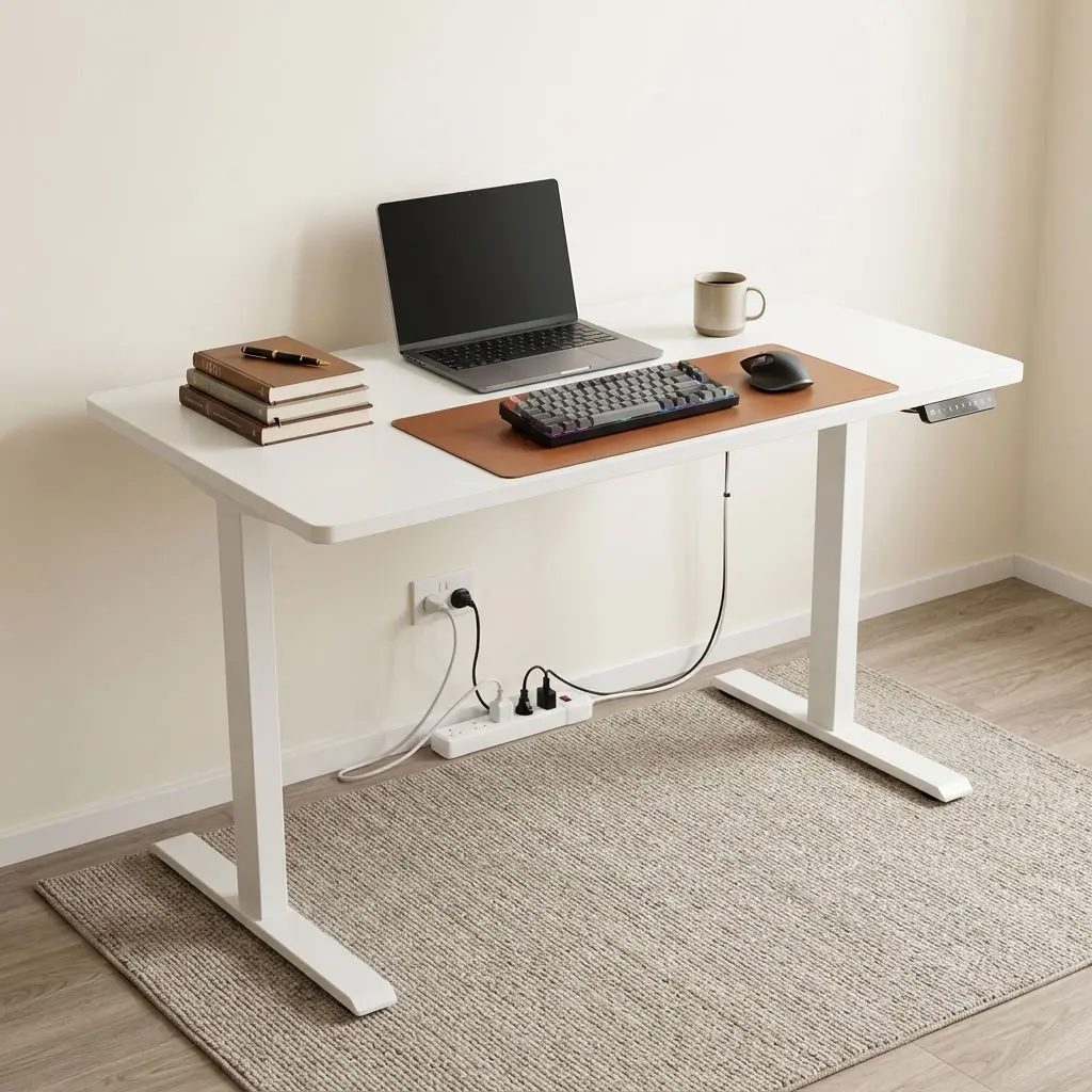A premium 1.2M Electric Work Desk – White featuring a smooth rectangular matte white top on a matching white motorized telescoping steel frame base with t-style leveling feet, showcasing its height range from the lowest position of zero-point-seventy-two meters to the highest standing extension of one-point-two meters.