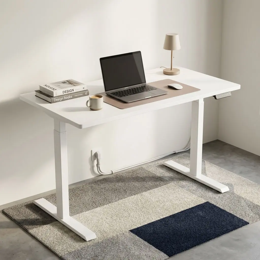 A premium 1.2M Electric Work Desk – White featuring a smooth rectangular matte white top on a matching white motorized telescoping steel frame base with t-style leveling feet, showcasing its height range from the lowest position of zero-point-seventy-two meters to the highest standing extension of one-point-two meters.