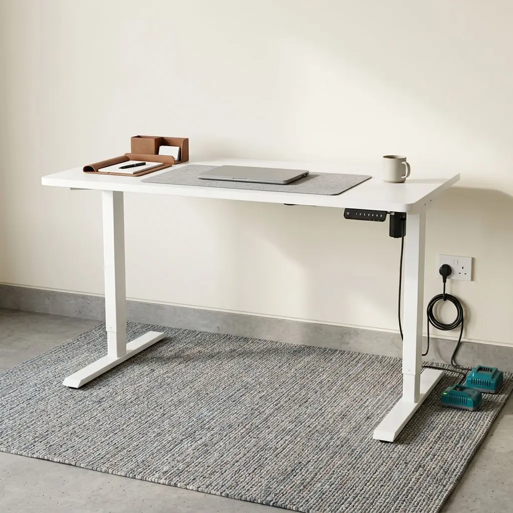A premium 1.2M Electric Work Desk – White featuring a smooth rectangular matte white top on a matching white motorized telescoping steel frame base with t-style leveling feet, showcasing its height range from the lowest position of zero-point-seventy-two meters to the highest standing extension of one-point-two meters.