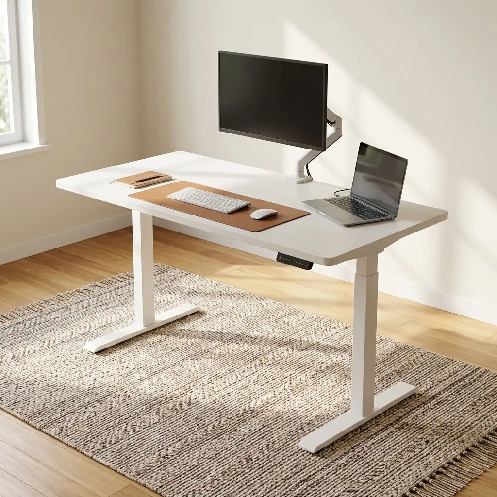 A premium 1.2M Electric Work Desk – White featuring a smooth rectangular matte white top on a matching white motorized telescoping steel frame base with t-style leveling feet, showcasing its height range from the lowest position of zero-point-seventy-two meters to the highest standing extension of one-point-two meters.
