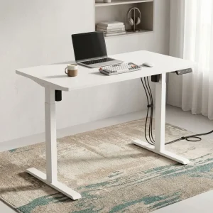 A premium 1.2M Electric Work Desk – White featuring a smooth rectangular matte white top on a matching white motorized telescoping steel frame base with t-style leveling feet, showcasing its height range from the lowest position of zero-point-seventy-two meters to the highest standing extension of one-point-two meters.