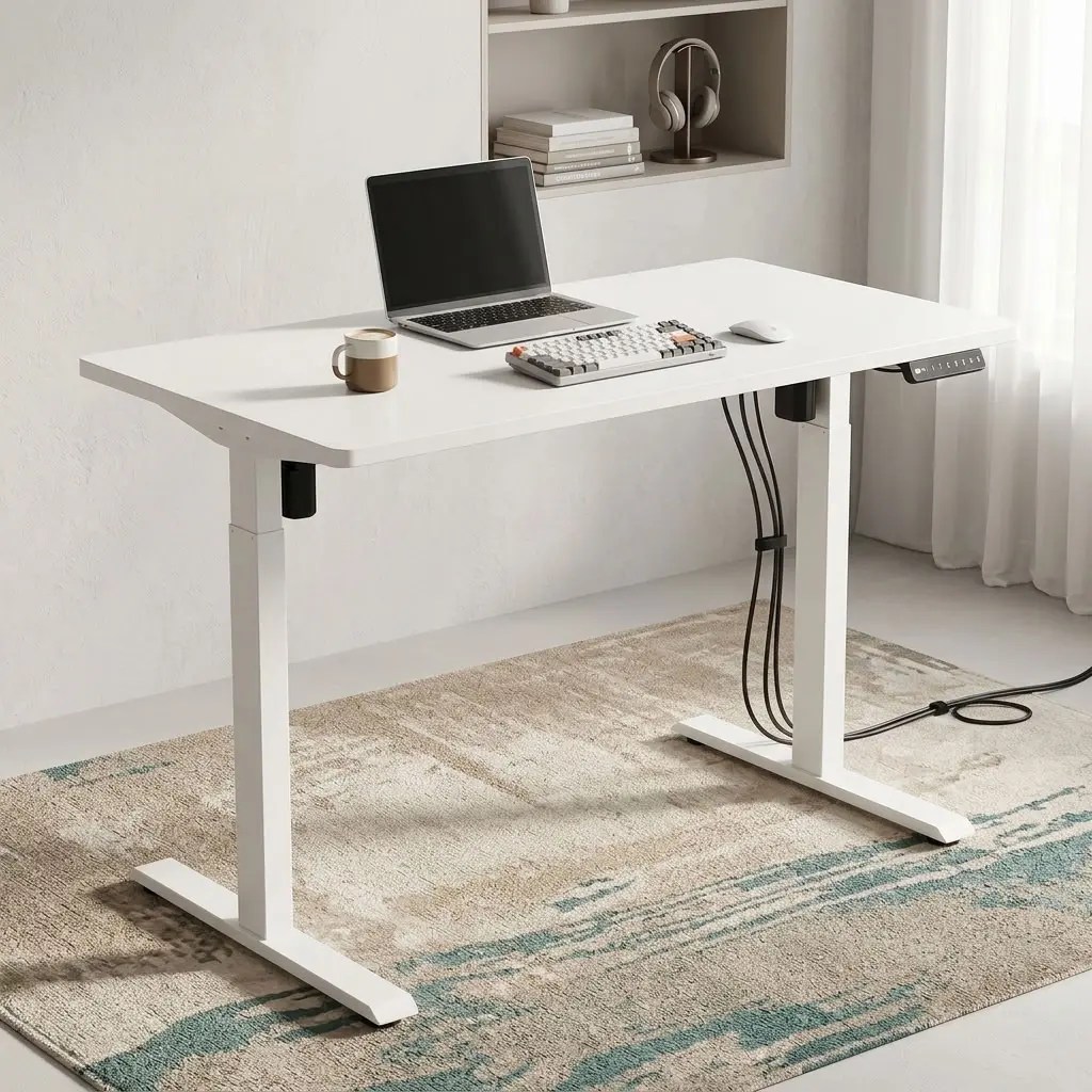 A premium 1.2M Electric Work Desk – White featuring a smooth rectangular matte white top on a matching white motorized telescoping steel frame base with t-style leveling feet, showcasing its height range from the lowest position of zero-point-seventy-two meters to the highest standing extension of one-point-two meters.